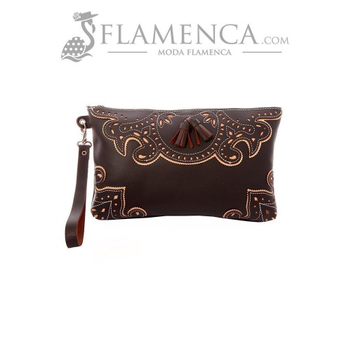Cartera de señora en piel picada engrasada marrón con fondo beige
