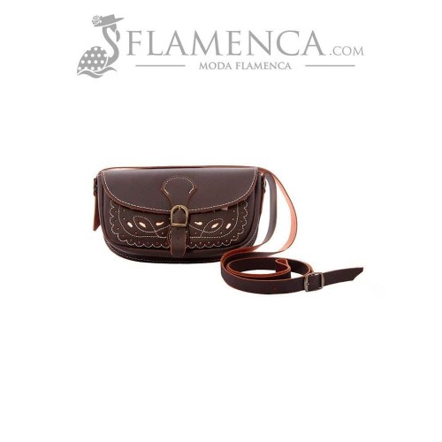 Bolso-bandolera de señora en piel picado engrasado marrón con fondo blanco