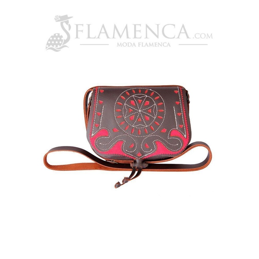 Bolso-bandolera de señora en piel picado marrón engrasado con fondo fucsia