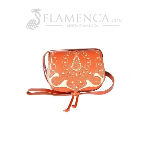 Bolso-bandolera de señora en piel picado virgen del rocío cuero con fondo beige