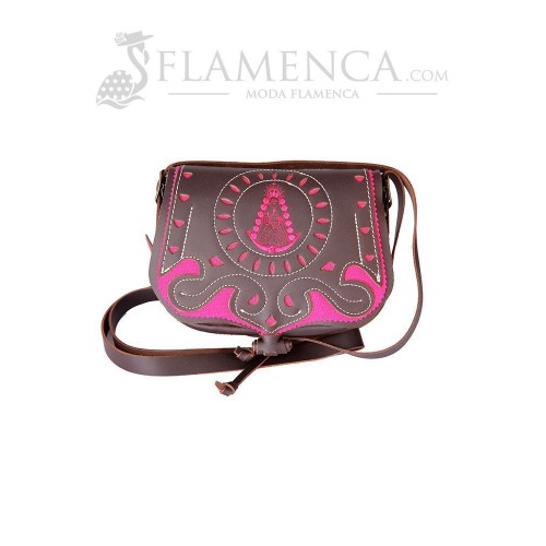 Bolso-bandolera de señora en piel picado virgen del rocío marrón engrasado con fondo fucsia
