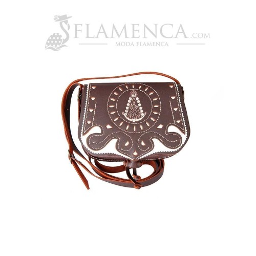 Bolso-bandolera de señora en piel picado virgen del rocío marrón engrasado con fondo blanco