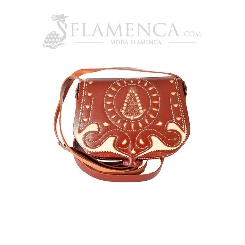 Bolso-bandolera de señora en piel picado virgen del rocío marrón con fondo beige