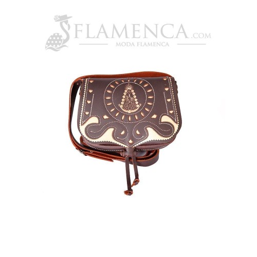 Bolso-bandolera de señora en piel picado virgen del rocío marrón engrasado con fondo beige