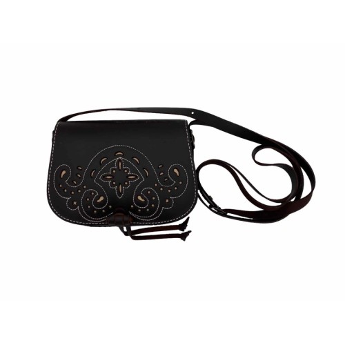 Bolso-bandolera de señora en piel marrón engrasado con fondo beige