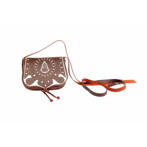 Bolso-bandolera de piel color Engrasado con Virgen del Rocío con fondo Blanco