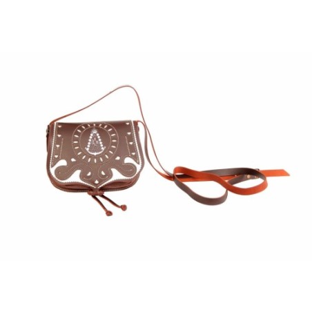 Bolso-bandolera de piel color Engrasado con Virgen del Rocío con fondo Blanco