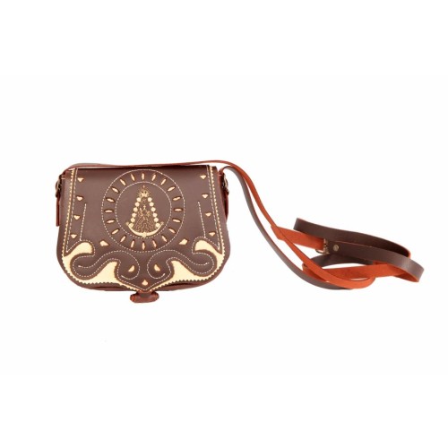 Bolso-bandolera de piel color Engrasado con Virgen del Rocío con fondo Crema