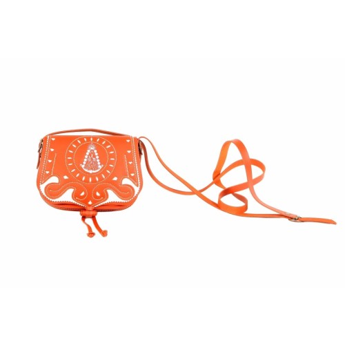 Bolso-bandolera de piel color Cuero con Virgen del Rocío