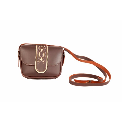 Bolso-bandolera rociero de piel color Engrasado con fondo Crema Coria
