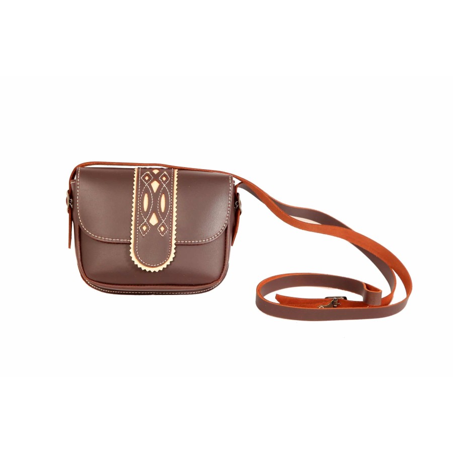 Bolso-bandolera rociero de piel color Engrasado con fondo Crema Coria