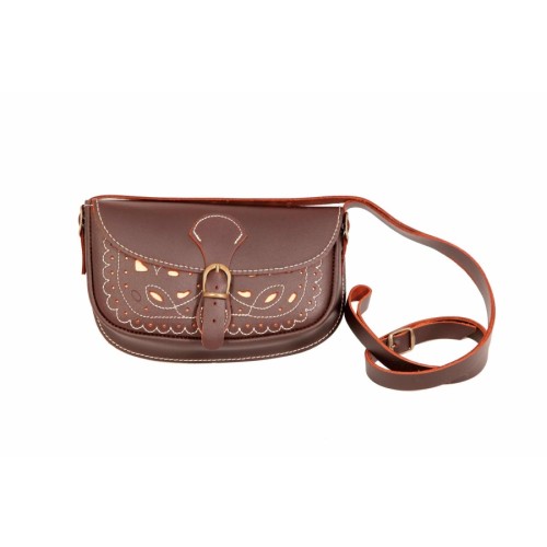 Bolso-bandolera rociero de piel color Engrasado con fondo Beige