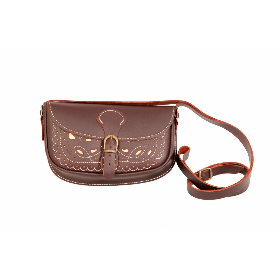 Bolso-bandolera rociero de piel color Engrasado con fondo Beige