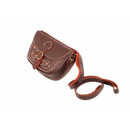 Bolso-bandolera rociero de piel color Engrasado con fondo Beige