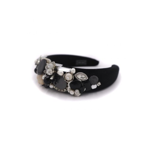 Diadema de pedrería negra con fornitura plata
