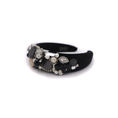 Diadema de pedrería negra con fornitura plata