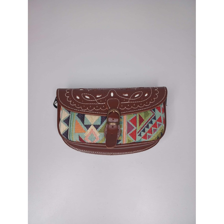 Bolso-bandolera rociero de piel color Marrón estampado de triángulos Rocío