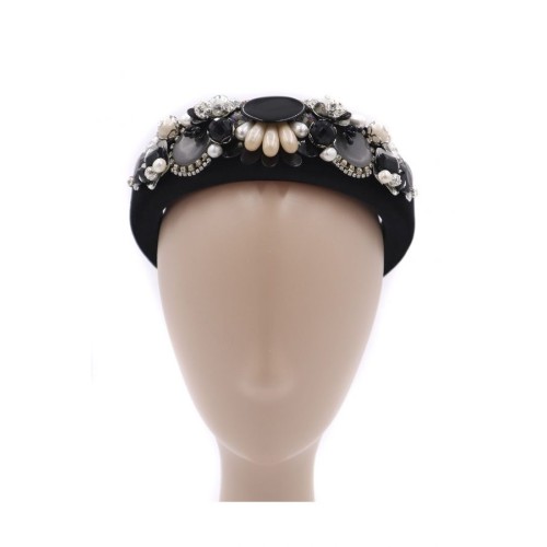 Diadema de pedrería negra con fornitura plata