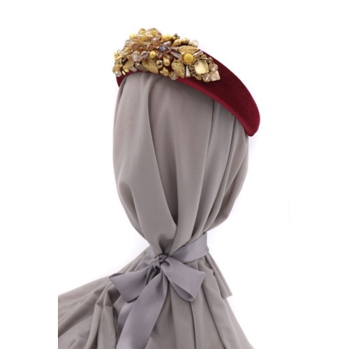 Diadema de pedrería burdeos y dorada
