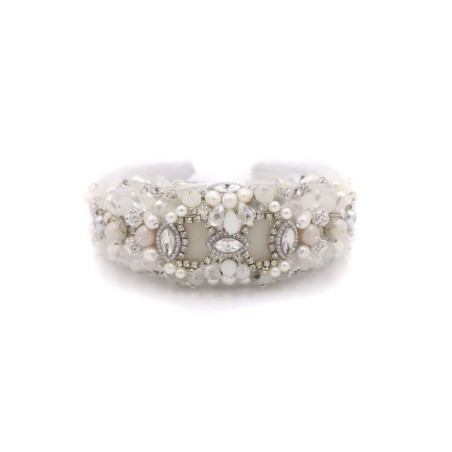 Diadema de pedrería blanca con cristales transparentes
