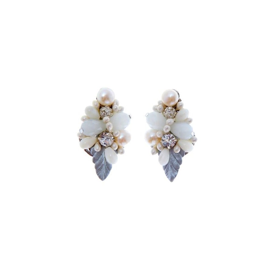 Pendientes de novia con perlas naturales, cristal Swarovski y porcelana fría en tono plateado