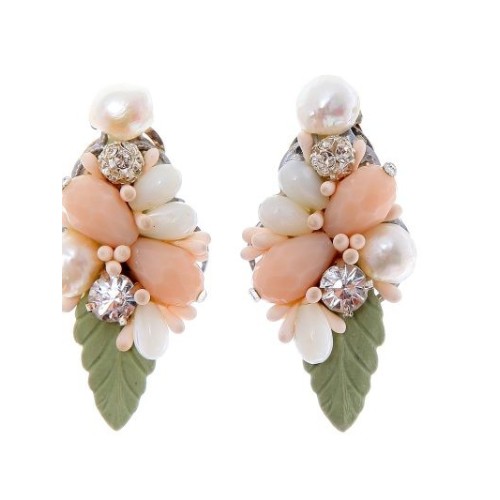 Pendientes de novia con perlas naturales, cristal Swarovski y porcelana fría en tono verde