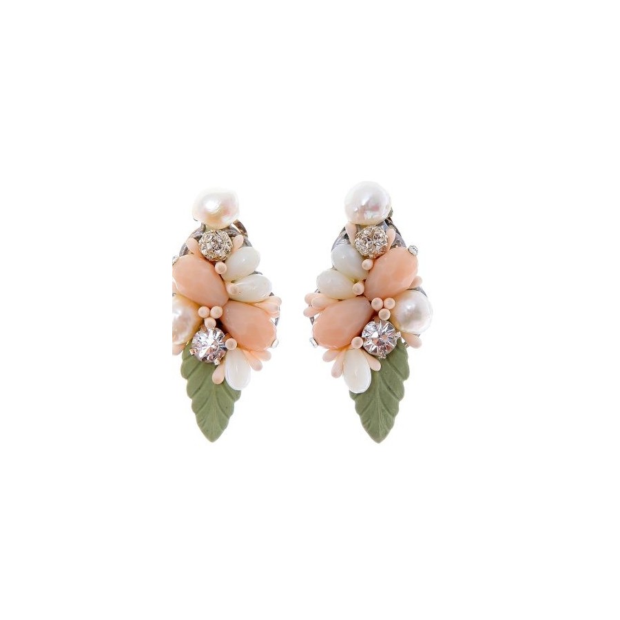 Pendientes de novia con perlas naturales, cristal Swarovski y porcelana fría en tono verde