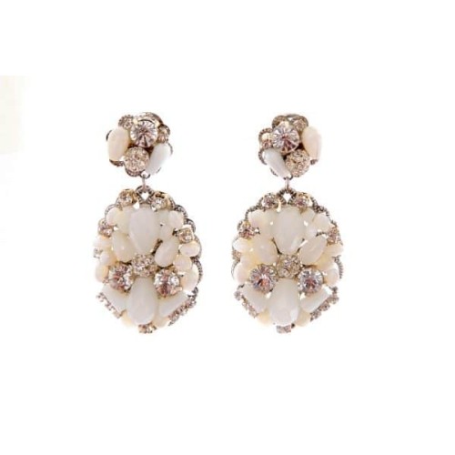 Pendientes de novia de lágrima ovalada con perlas naturales y cristal facetado
