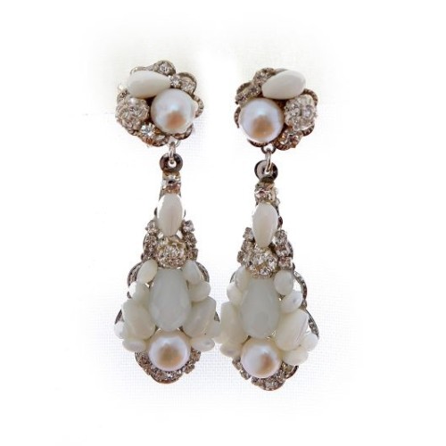 Pendientes de novia de lágrima con perlas naturales, cristal Swarovski y cristal