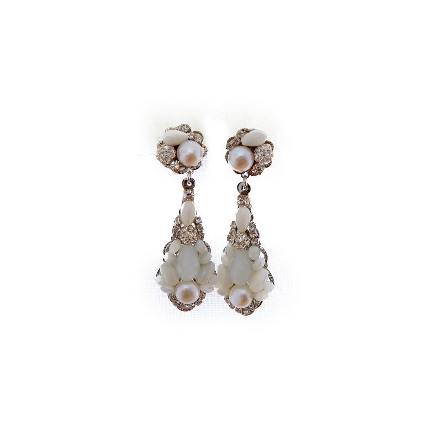 Pendientes de novia de lágrima con perlas naturales, cristal Swarovski y cristal