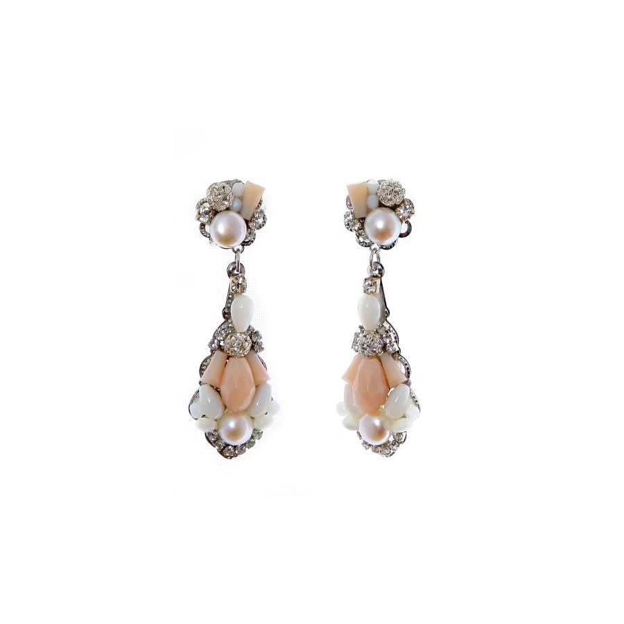 Pendientes de novia de lágrima con perlas naturales, cristal Swarovski y cristal en rosa nude